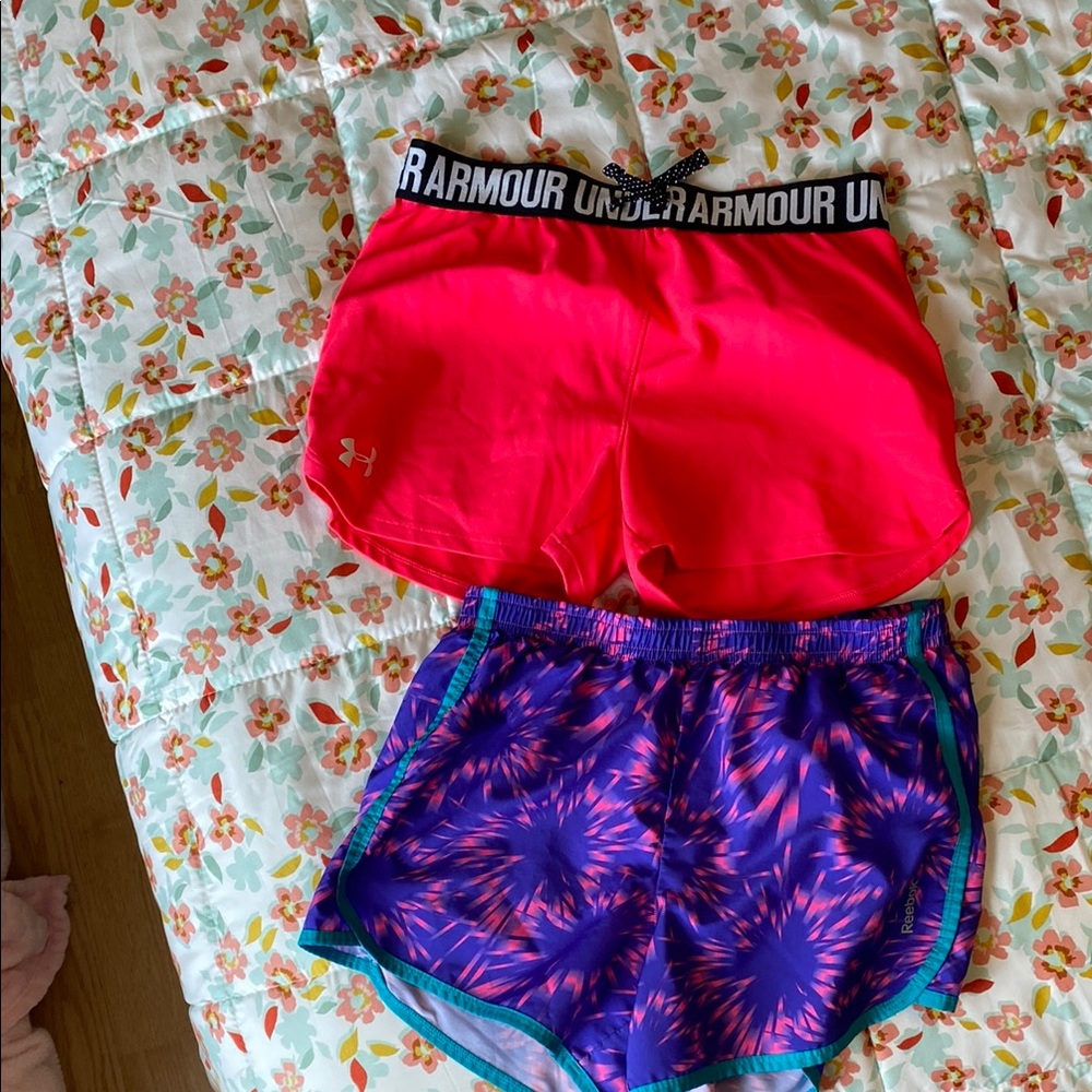 Under Armour Neon Pink and Patterned Purple Shorts